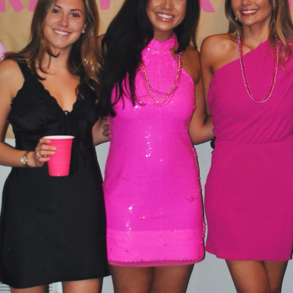 SAYLOR Neon Pink Sequin Halter Dress